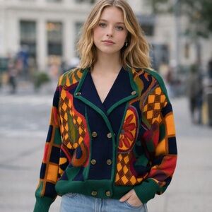 Vintage 90s I.B. Diffusion Colorful Geometric Grandma Core Cardigan Sweater L